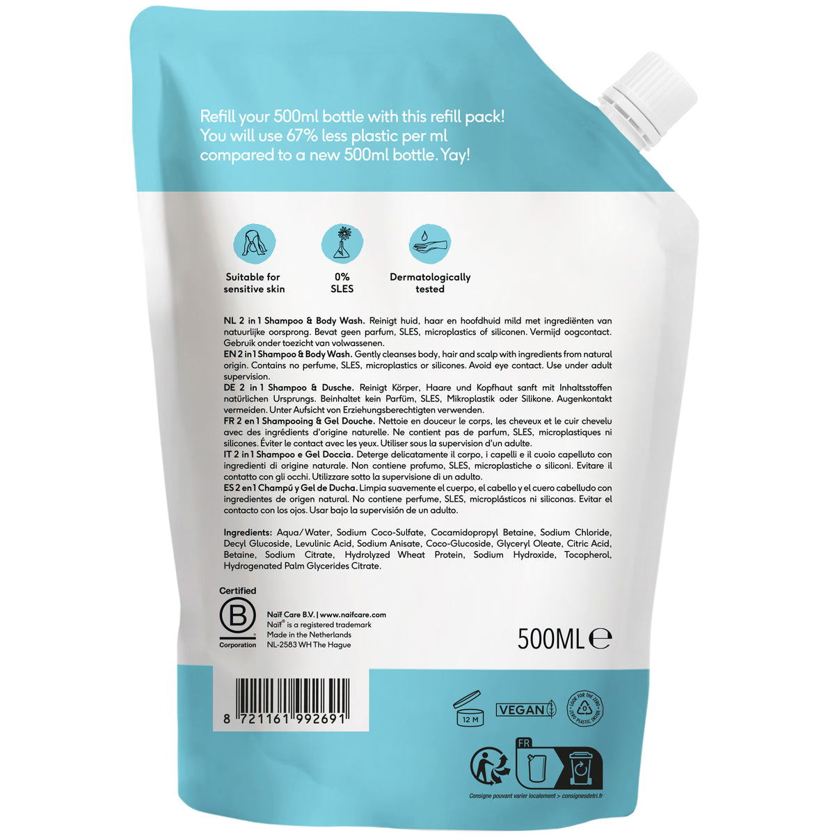 2 in 1 Shampoo & Duschgel, Nachfüllpackung für Babys & Kinder (0% Parfüm, 500ml)