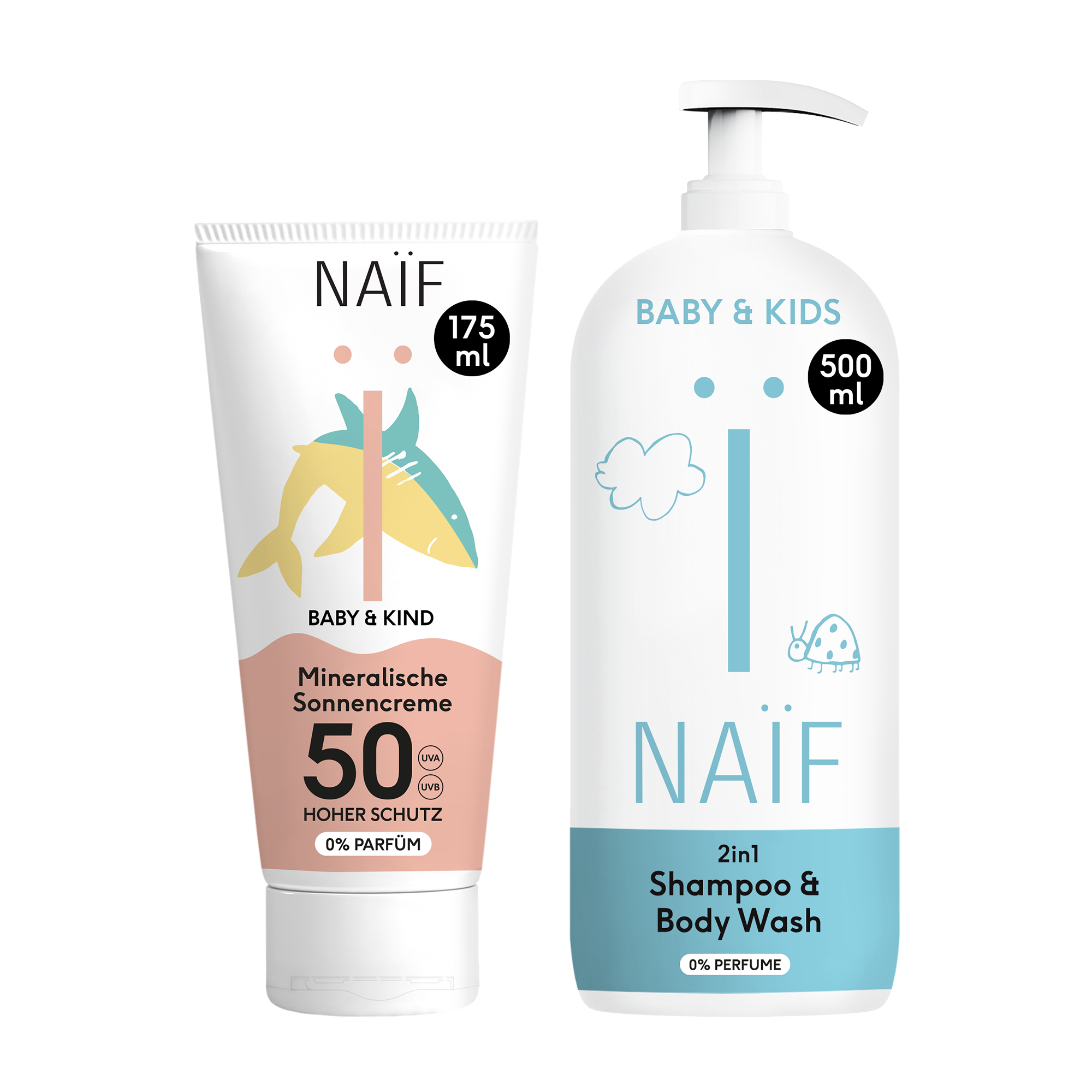 Familienset mit 0% Parfüm: Sonnencreme (175ml) + 2in1 Shampoo & Duschgel (500ml)