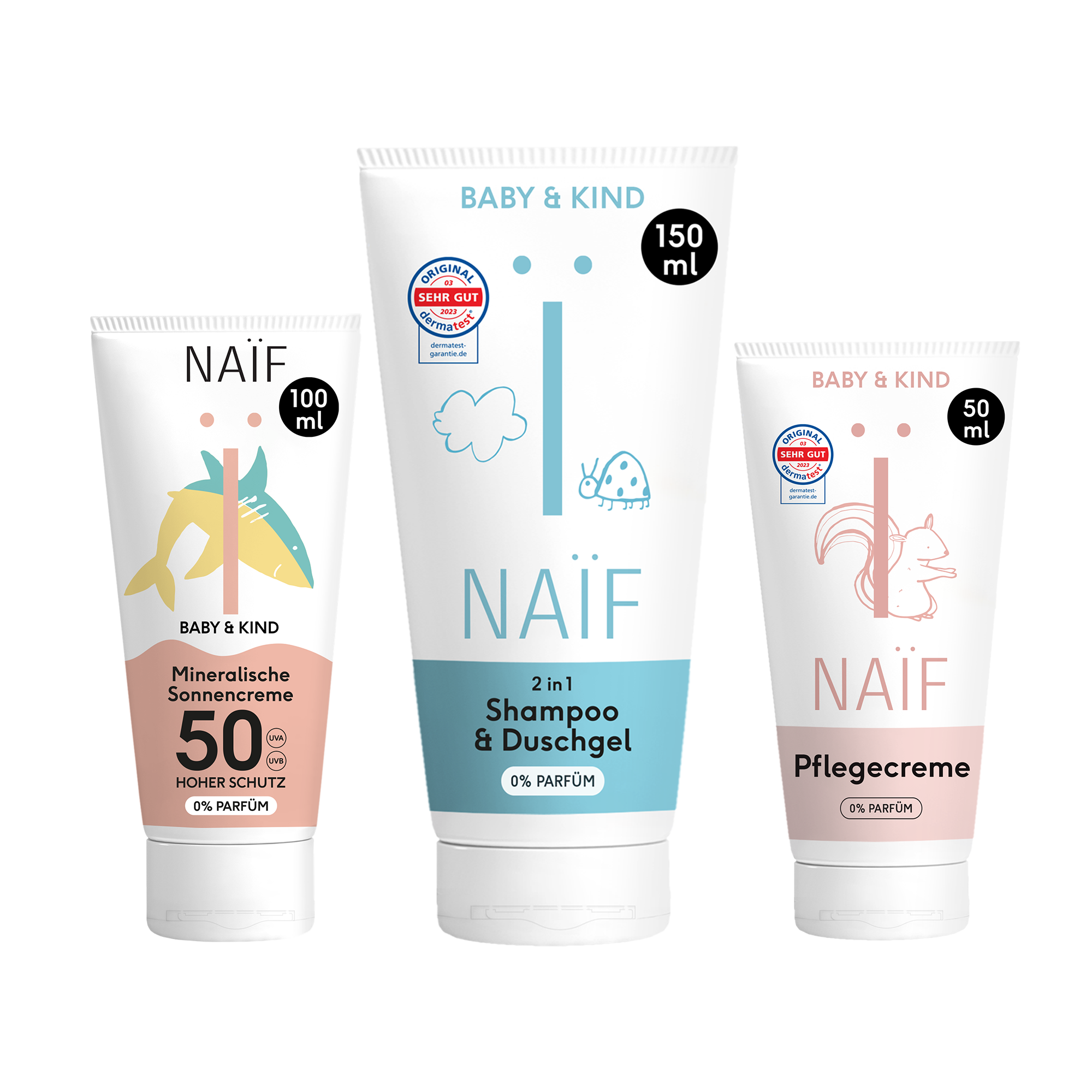 Allround-Set: Sonnencreme + 2in1 Shampoo&Duschgel + Pflegecreme (je 0% Parfüm)